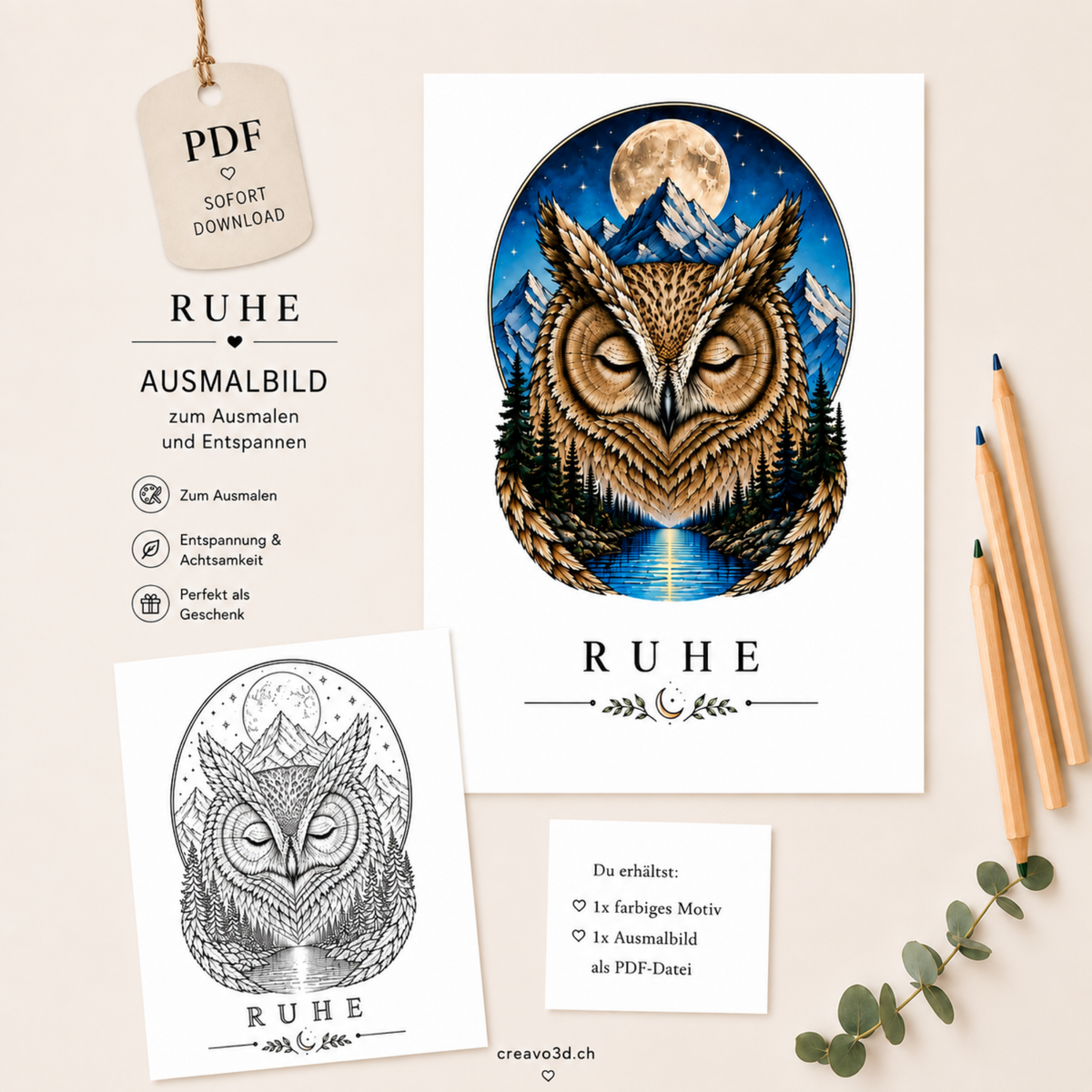 Eule „Ruhe“ – Ausmalbild